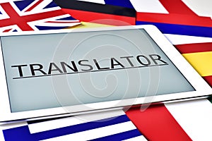 Different flags and the word translator in the screen of a table