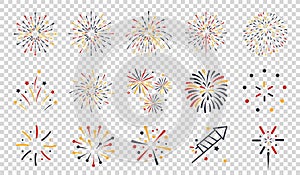 Different Flat Firework Icons Set - Colorful Vector Illustrations Isolated On Transparent Background