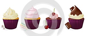 Different flavors isolated set of cupcakes.