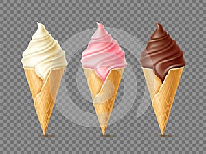 Different flavours ice cream. Waffle cones with frozen dessert, vanilla, chocolate and pink berry, soft milk creamy