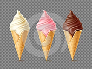 Different flavours ice cream. Waffle cones with frozen dessert, vanilla, chocolate and pink berry, soft milk creamy photo