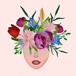 Different Flowers growing form Woman`s Head in watercolor