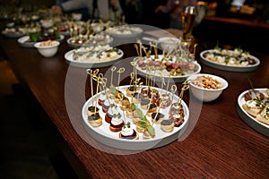 Different food snacks and appetizers in round plates on corporate event party. Celebration with catering banquet table.