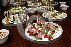 Different food snacks and appetizers in round plates on corporate event party. Celebration with catering banquet table.