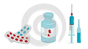 Different forms and dosages of drugs. Tablet, capsule, ampule, vial, syringe.