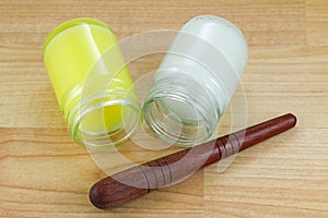 Different formulas of Thai balm with a wooden stick