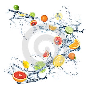 Different fresh citrus fruits and splashing water on background