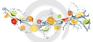 Different fresh citrus fruits and splashing water on background. Banner design