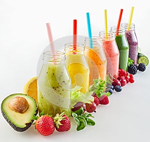 Different fresh fruit smoothies with ingredients