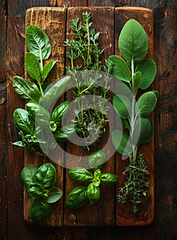 Different fresh herbs from the garden on wooden boards