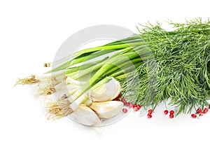 Different fresh herbs, garlic and pink pepper on white background