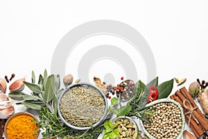 Different fresh herbs and spices on white background, top view