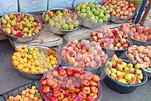 Different fresh local fruit (apples, pears, peaches and apricots) at a farmer organic grocery market