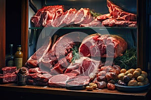 Different fresh meat on shelves at butcher shop