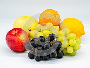 Different fruits on white background