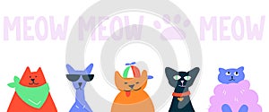 Different funny domestic cats sit and look straight ahead. Horizontal banner template with hand lettering meow and paw.