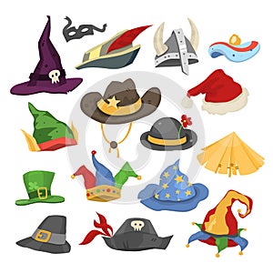 Different funny holiday carnival hats for party and masquerade celebration traditional vector illustration