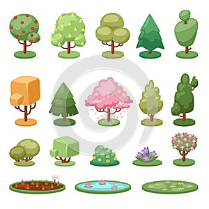 Different game green tree bush and ground isolated nature environment