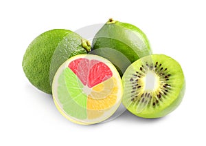 DIfferent genetically modified fruits on white background