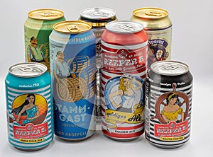 Different German beer cans closeup on white