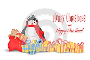 Different gifts with bows and bag with Teddy bear and toys. Polar penguin. postcard for the new year and Christmas. Isolated