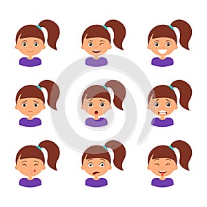 Different girl emotion set. Children emoticon, avatar clipart