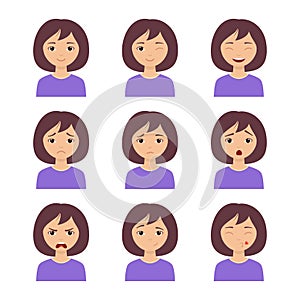 Different girl emotion set. Collection character expression. Women emoticon, avatar clipart