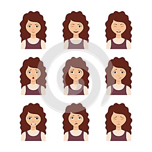 Different girl emotion set. Collection character expression. Women emoticon, avatar clipart