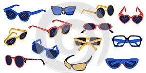 Different glasses. Doodle cartoon sunglasses plastic metal frames, colorful eyeglasses fashion accessories for sun protection.