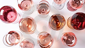 Different glasses with rose wine on white background, top view. Generative AI