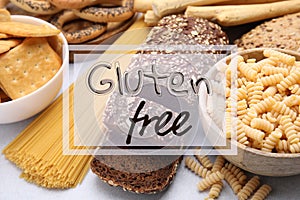 Different gluten free products on grey table