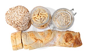 Different gluten free products on white background, top view