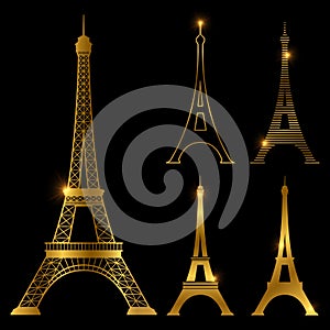 Different golden eiffel tower vector landmark set. Paris symbol icons