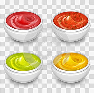 Different gourmet sauces, mustard, ketchup, soy, marinade on transparent background