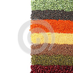 Different grains and cereals on white background