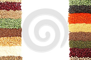 Different grains and cereals on white background