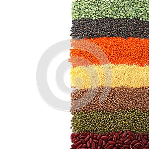 Different grains and cereals on white background, top view