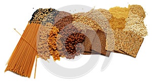 Different grains seeds lentils and couscous, full grain rice and quinoa isolated