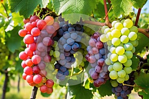 different grape varieties clustered on the vine