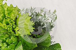 Different green sheaves greens for spring salad on white wooden background, top view.