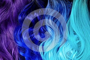 Different hair styles; ombre dyed hair: black to turquoise, blue