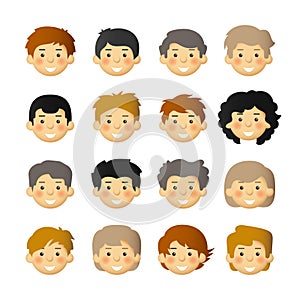Different hairstyle for men with rosy cheeks. Vector avatars set