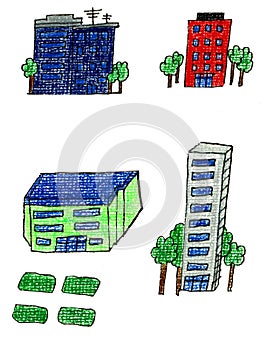 Different Hand-Drawn Office Buildings - Facilities