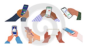 Different Hands holding mobile phones vector set.