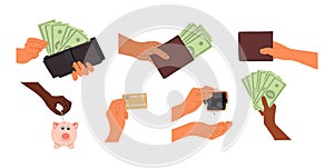 Different Hands holding money vector set isolated.