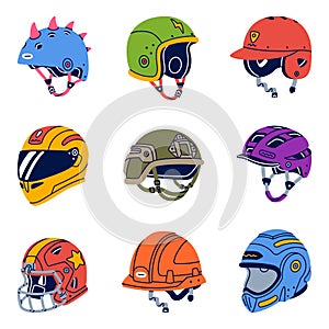 Different Helmet as Gear for Head Protection Vector Set