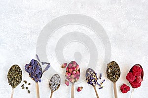 Different herbal and green dry teas in vintage spoons. Top view flat lay with copy space