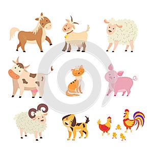 Different home farm animals set: horse, cow, sheep, goat, cat, dog, pig, hen, rooster, chicken, ram.