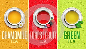 Different hot tea cups. Teacup with green, herbal chamomile tea, forest fruit tea with strawberry, blackberry, blueberry