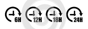 Different hours icon set. Timers icon set. Clock ikons set. Hours countdown. Clock icon vector. Set arrow icon. Stopwatch icon, photo